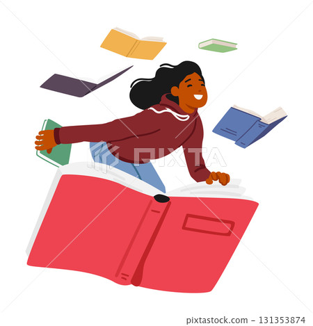 Inspired happy smiling girl student cartoon character enjoying studying surrounded lots of textbooks 131353874