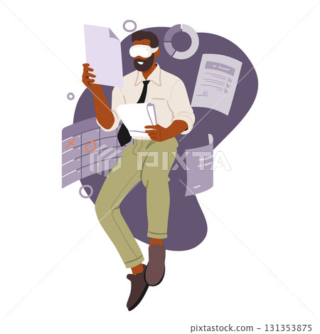 Businessman wearing VR goggles headset working with finance data in cyberspace cartoon scene Businessman wearing VR goggles headset working with finance data in cyberspace cartoon scene 131353875