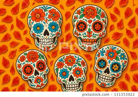 Sugar Skulls on Orange Leaves for Day of the Dead and Festive Photography Sugar Skulls on Orange Leaves for Day of the Dead and Festive Photography 131353922
