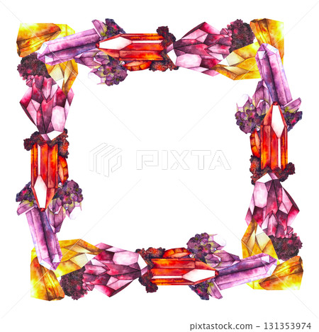 Watercolor illustration of four types of crystals: amethyst purple, ruby red, garnet deep red, and citrine golden yellow, each depicted with textures frame wreath. For esoteric and magical designs. Watercolor illustration of four types of crystals: amethyst purple, ruby red, garnet deep red, and citrine golden yellow, each depicted with textures frame wreath. For esoteric and magical designs. 131353974