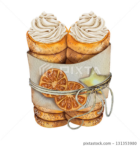 Watercolor illustration of Christmas trdelnik rolls with cream, wrapped in festive paper with dried orange slices and a star. for packaging winter menus recipe books postcards and bakery branding. 131353980
