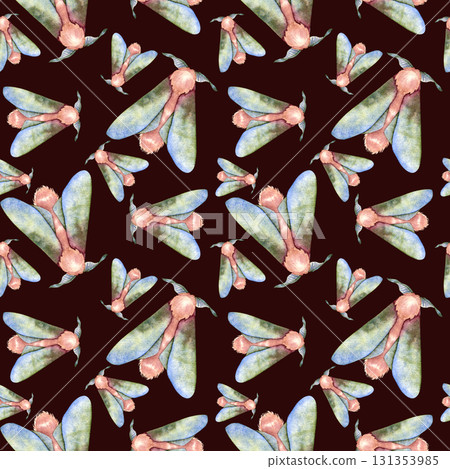 Seamless watercolor pattern featuring moths with soft green and blue wings and pink fluffy bodies in a naturalistic style. Ideal for textiles, stationery, packaging, wallpaper and gift products. 131353985