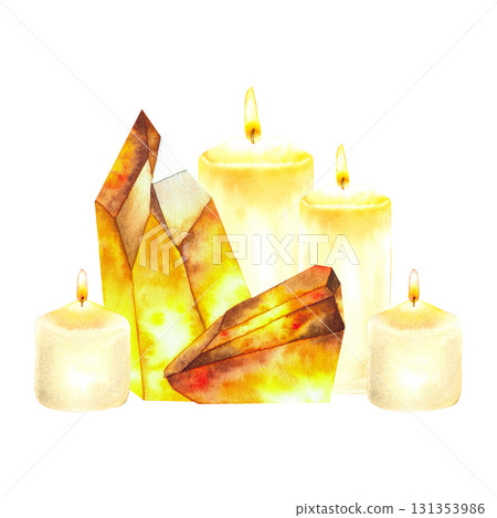 Watercolor illustration of glowing yellow citrine crystals with burning candles in a mystical style. Suitable for ritual design, magical branding, energy healing and esoteric product visuals. Watercolor illustration of glowing yellow citrine crystals with burning candles in a mystical style. Suitable for ritual design, magical branding, energy healing and esoteric product visuals. 131353986