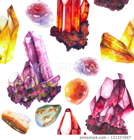 Seamless watercolor pattern featuring crystals and stones in violet, red, yellow, and green tones. Ideal for fabric, wallpaper, packaging, and esoteric-themed products. Seamless watercolor pattern featuring crystals and stones in violet, red, yellow, and green tones. Ideal for fabric, wallpaper, packaging, and esoteric-themed products. 131353987