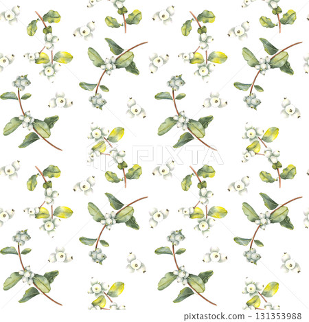 Watercolor illustration of a snowberry branch with white berries and green leaves seamless pattern in botanical style. for Christmas designs winter decor Advent calendar packaging and stationery. 131353988