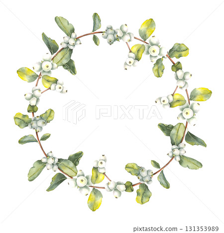 Watercolor illustration of a snowberry branch with white berries and green leaves wreath in botanical style. Ideal for Christmas designs, winter decor, Advent calendars, packaging, and stationery. 131353989