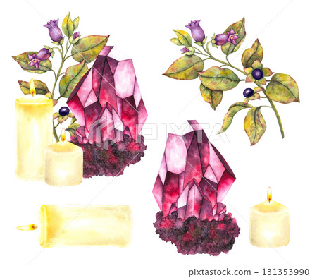 Watercolor illustration with glowing red ruby crystals burning candles and branch of deadly nightshade Atropa belladonna with purple flowers and berries set. for mystical esoteric and magical designs. Watercolor illustration with glowing red ruby crystals burning candles and branch of deadly nightshade Atropa belladonna with purple flowers and berries set. for mystical esoteric and magical designs. 131353990