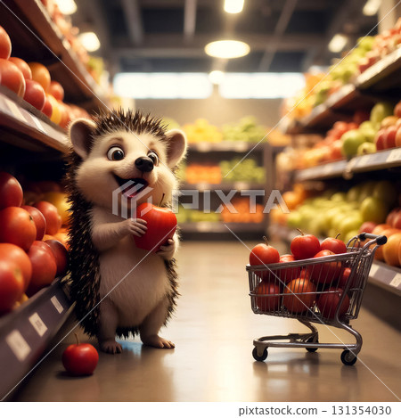 cute little hedgehog with a cart full of apples at the supermarket 131354030