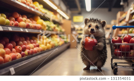 cute little hedgehog with a cart full of apples at the supermarket 131354031