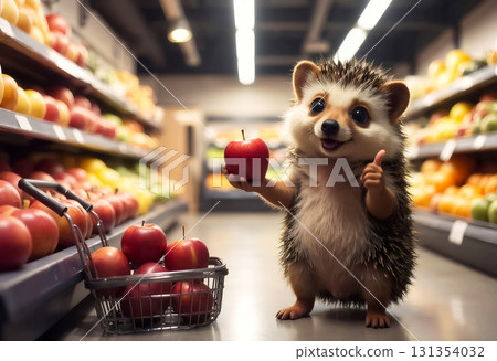 cute little hedgehog with an apple and a shopping cart in a supermarket, market concept 131354032