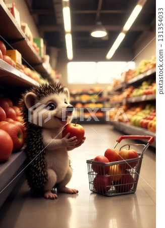 cute little hedgehog with an apple in the grocery store's fruit section 131354033