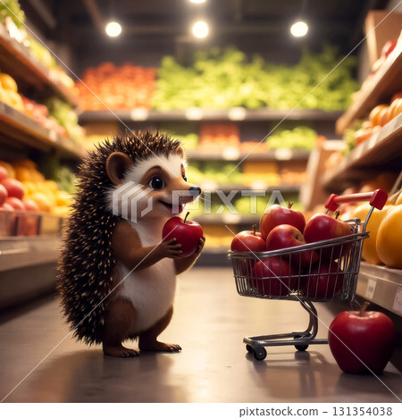 small hedgehog with an apple in its paws in a grocery store, in the fruit section small hedgehog with an apple in its paws in a grocery store, in the fruit section 131354038