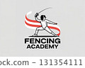 Fencer in a lunging position and written text with words fencing academy in sport emblem label illustration 131354111