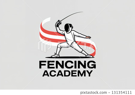 Fencer in a lunging position and written text with words fencing academy in sport emblem label illustration Fencer in a lunging position and written text with words fencing academy in sport emblem label illustration 131354111