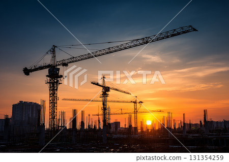 Silhouettes of multiple cranes towering against the backdrop of the setting sun Construction site scenery 131354259