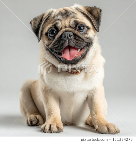 A frontal photo of a lively pug with charming round eyes and wrinkles 131354273