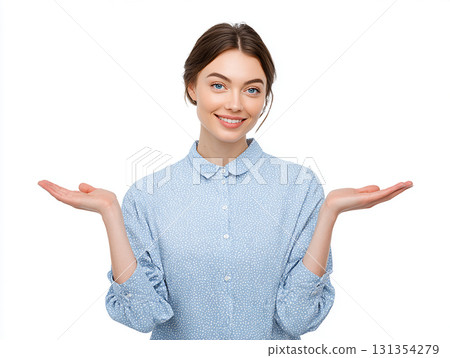 一位微笑的年輕白人女子伸出手掌，向我求婚。白色背景 131354279