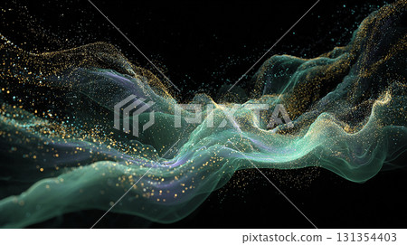 Turquoise blue fantastic wave art with light particles flowing on a black background 131354403