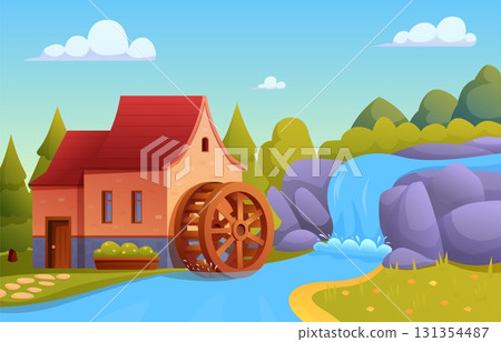 Cartoon water mill landscape. Old style house with wooden wheel on river with waterfall. Countryside rural building, fairy tale watermill, sapid vector illustration Cartoon water mill landscape. Old style house with wooden wheel on river with waterfall. Countryside rural building, fairy tale watermill, sapid vector illustration 131354487