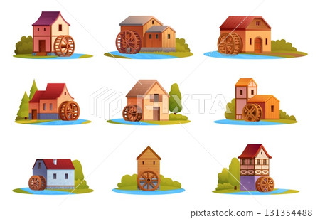 Cartoon watermills set. Water mill old style on rover or lake. Wooden stone brick houses with wheels. Agriculture or farming vintage sapid vector elements Cartoon watermills set. Water mill old style on rover or lake. Wooden stone brick houses with wheels. Agriculture or farming vintage sapid vector elements 131354488