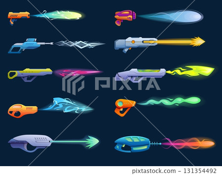 Cartoon futuristic guns. Different weapons, kids plastic toys for war games. Blasters with bright shooting effects, military elements, sapid vector set 131354492