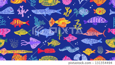 Crayon drawing fish seamless pattern. Color chalk draw style, pencil hand drawn exotic fish. Bright underwater print for wallpaper, neoteric vector background 131354494