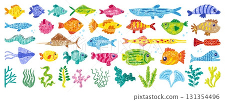 Crayon drawing different fish. Chalk draw exotic fish and seaweeds. Isolated children style hand drawn underwater elements, sea, ocean animals, neoteric vector set 131354496