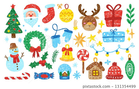 Crayon drawing christmas elements. Winter holidays toys gifts accessories. Isolated colored pencil drawn xmas and new year neoteric vector set 131354499