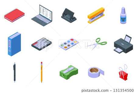 Isometric office equipment. Various stationery for writing, paper cutting, calculator, sharpener, glue tape, paper folder. Work tools nifty vector icons 131354500