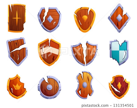 Broken shields medieval icons. War equipment for safety, protection damaged tools. Various old style metal wooden shield element, sapid vector clipart 131354501