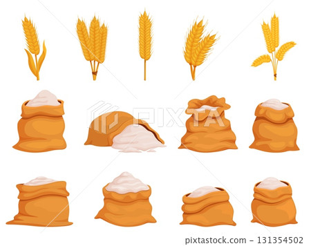 Cartoon wheat ears and flour. Harvest textile bags full of bulk products. Agriculture farming elements, harvest market sacks and plants, sapid vector set 131354502