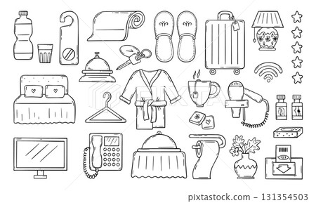 Doodle hotel elements. Hand drawn motel icons, hostel interior furniture and accessories. Bathroom items, suitcase, hanger, neoteric vector set 131354503