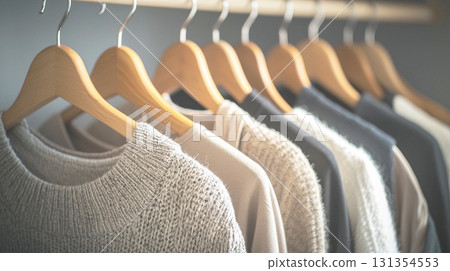 Knitwear and cut-and-sew items hanging on wooden hangers 131354553