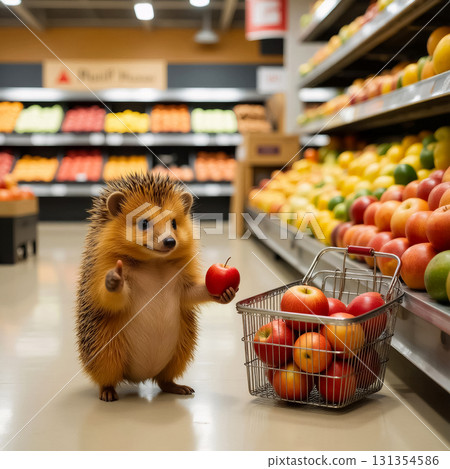 hedgehog stands next to a basket of red apples and gives a thumbs up at a supermarket 131354586
