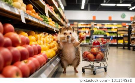 hedgehog stands next to a cart of apples and gives a thumbs up at a supermarket 131354588