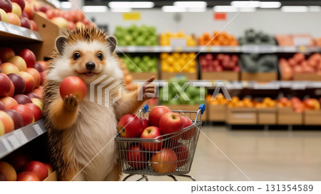 hedgehog stands next to a cart of red apples and gives a thumbs up at a supermarket 131354589