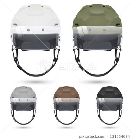 Vector 3d Realistic Hockey Helmet with Visor Set, Front View. White Khaki Gray Brown Black Colors. Protective Sport Equipment for Ice Hockey Game Training Tournament, Safety Hockey Helmet Design Vector 3d Realistic Hockey Helmet with Visor Set, Front View. White Khaki Gray Brown Black Colors. Protective Sport Equipment for Ice Hockey Game Training Tournament, Safety Hockey Helmet Design 131354684