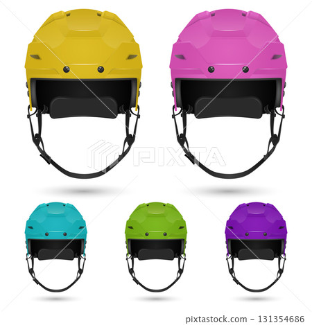 Vector 3d Realistic Hockey Helmet Set, Front View. Yellow Pink Blue Green Purple Colors. Protective Sport Equipment for Ice Hockey Game Training Tournament, Safety Hockey Helmet Design, Isolated Vector 3d Realistic Hockey Helmet Set, Front View. Yellow Pink Blue Green Purple Colors. Protective Sport Equipment for Ice Hockey Game Training Tournament, Safety Hockey Helmet Design, Isolated 131354686