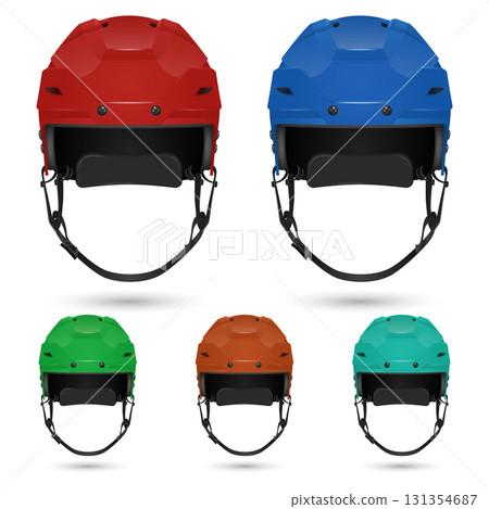 Vector 3d Realistic Hockey Helmet Set, Front View. Red Blue Green Brown Teal Colors. Protective Sport Equipment for Ice Hockey Game Training Tournament, Safety Hockey Helmet Design, Isolated 131354687
