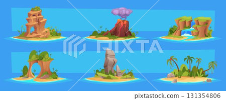 Tropical landscapes. Beauty islands collection in cartoon style exact horizontal tropical backgrounds 131354806