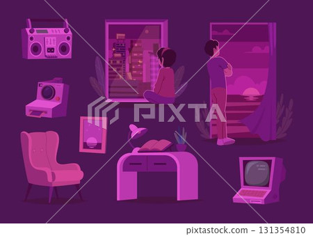Lo fi. Melancholic aesthetic retro illustration exact vector purple range colors 131354810