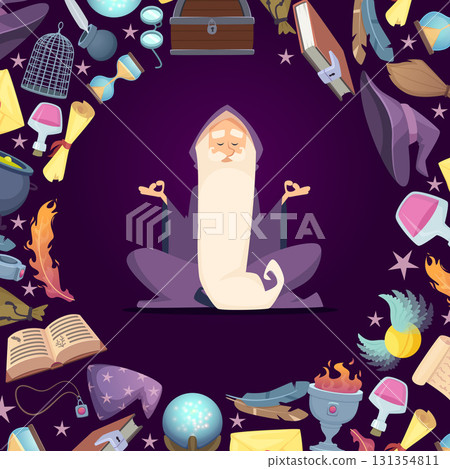 Wizard. magician character sitting and do magic. vector background in circle form Wizard. magician character sitting and do magic. vector background in circle form 131354811