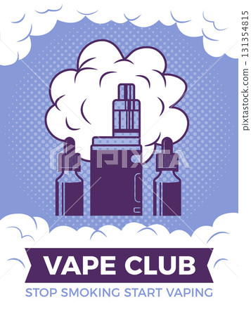 Vape club poster. Placard for smokers. vector stylized template with steam clouds 131354815