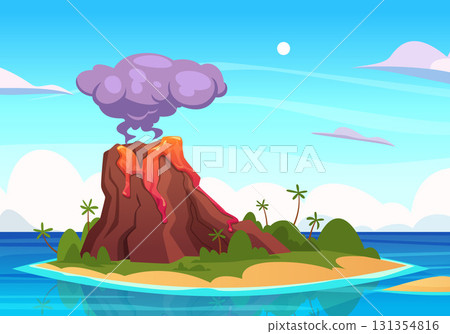 Volcano island. outdoor landscape with outdoor place with island in cartoon style Volcano island. outdoor landscape with outdoor place with island in cartoon style 131354816