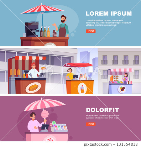 Street food. urban landscape with street vendors different snacks fast food and ice creams. vector banners Street food. urban landscape with street vendors different snacks fast food and ice creams. vector banners 131354818