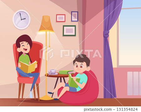 Kids reading. little person sitting in room and reading books. vector cartoon background 131354824