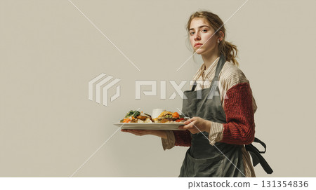 室內肖像，一位微笑的女模特兒手捧食物。日常生活和用餐場景的溫馨感覺。 131354836