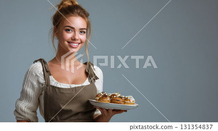室內肖像，一位微笑的女模特兒手捧食物。日常生活和用餐場景的溫馨感覺。 131354837