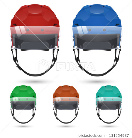 Vector 3d Realistic Hockey Helmet with Visor Set, Front View. Red Blue Green Brown Teal Colors. Protective Sport Equipment for Ice Hockey Game Training Tournament, Safety Hockey Helmet Design 131354987