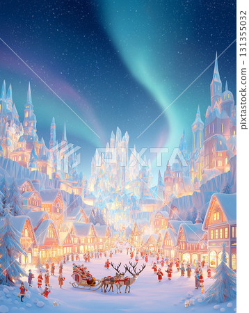Aurora-lit ice town, Santa Claus and his reindeer sleigh 131355032
